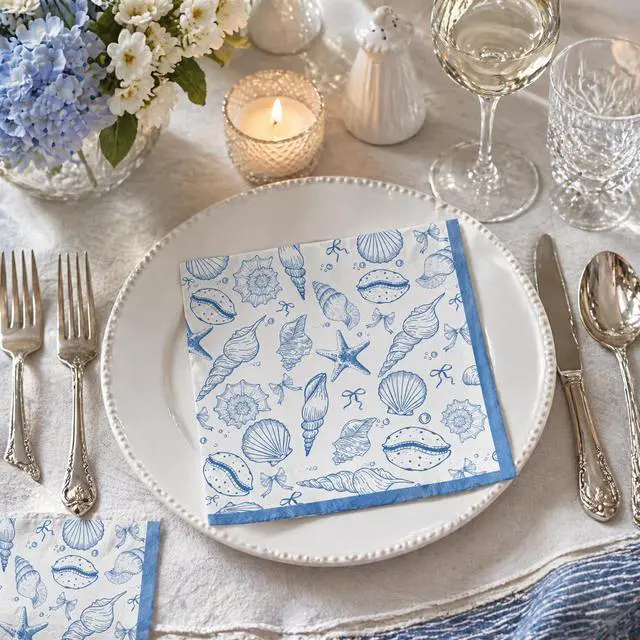 Alt view image 5 of 7 - Nautical Seashell Sea Napkins - 50pcs 2Ply | Ocean Beach Cocktail Beverage Napkins, Summer, Tropical, Wedding Bridal & Birthday, Coastal Dinner Party Supplies