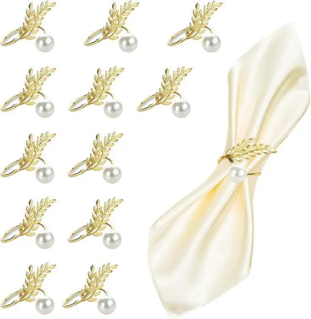 Main image of Gold Wheat Ear Pearl Shaped Napkin Rings Set of 12 | Gold Napkin Rings, Exquisite, Suitable for Family Dinner, Wedding, Party, Table Decoration, Christmas