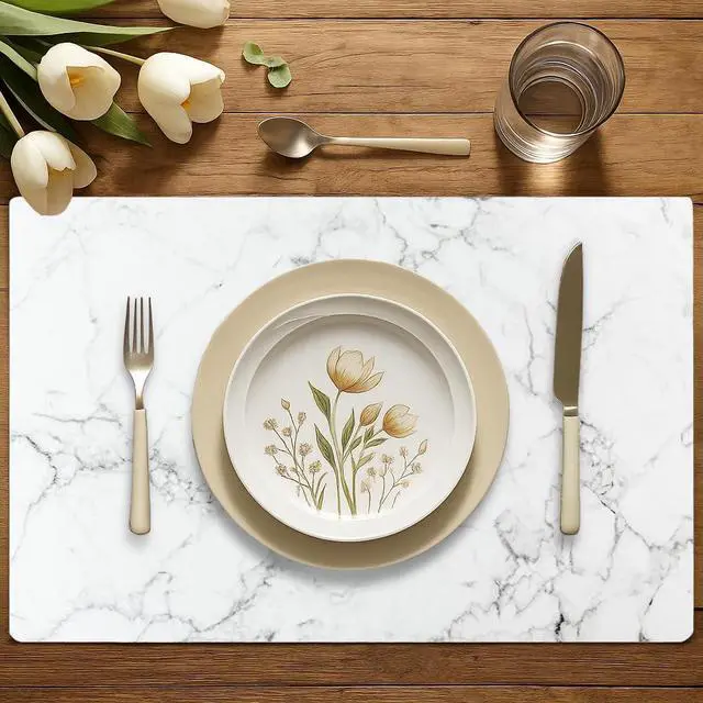 Alt view image 2 of 6 - Placemat Set of 4 - Durable Woven Vinyl Placemats, Indoor/Outdoor, Heat Resistant, Washable, Wipeable, Kitchen & Patio Linens, Square Table Mats, Marble White