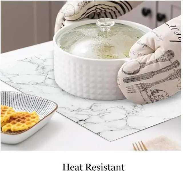 Alt view image 6 of 6 - Placemat Set of 4 - Durable Woven Vinyl Placemats, Indoor/Outdoor, Heat Resistant, Washable, Wipeable, Kitchen & Patio Linens, Square Table Mats, Marble White
