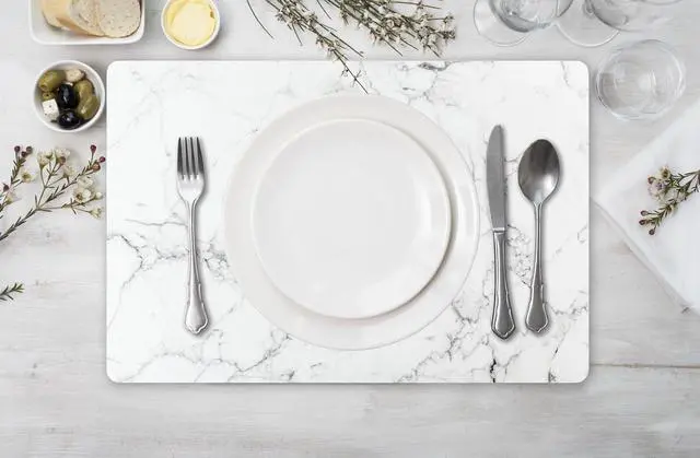 Alt view image 5 of 6 - Placemat Set of 4 - Durable Woven Vinyl Placemats, Indoor/Outdoor, Heat Resistant, Washable, Wipeable, Kitchen & Patio Linens, Square Table Mats, Marble White