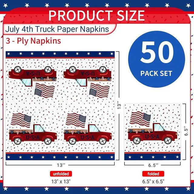 Alt view image 2 of 7 - 4th of July Napkins, Patriotic Party Napkins Disposable American Flag Memorial Day Napkins Patriotic Truck Paper Cocktail Napkins Independence Day Party Decorations Holiday, 50 Pack, 3 Ply