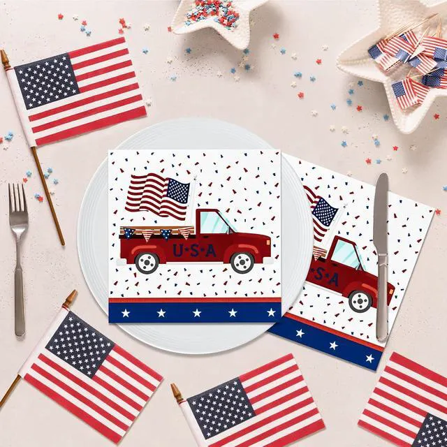 Alt view image 3 of 7 - 4th of July Napkins, Patriotic Party Napkins Disposable American Flag Memorial Day Napkins Patriotic Truck Paper Cocktail Napkins Independence Day Party Decorations Holiday, 50 Pack, 3 Ply