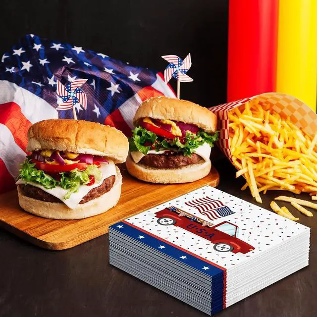 Alt view image 4 of 7 - 4th of July Napkins, Patriotic Party Napkins Disposable American Flag Memorial Day Napkins Patriotic Truck Paper Cocktail Napkins Independence Day Party Decorations Holiday, 50 Pack, 3 Ply
