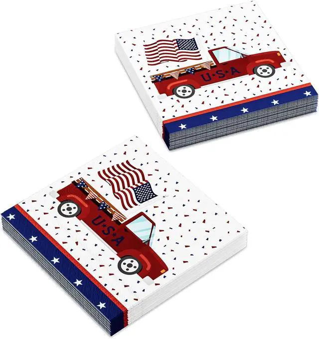 Alt view image 7 of 7 - 4th of July Napkins, Patriotic Party Napkins Disposable American Flag Memorial Day Napkins Patriotic Truck Paper Cocktail Napkins Independence Day Party Decorations Holiday, 50 Pack, 3 Ply