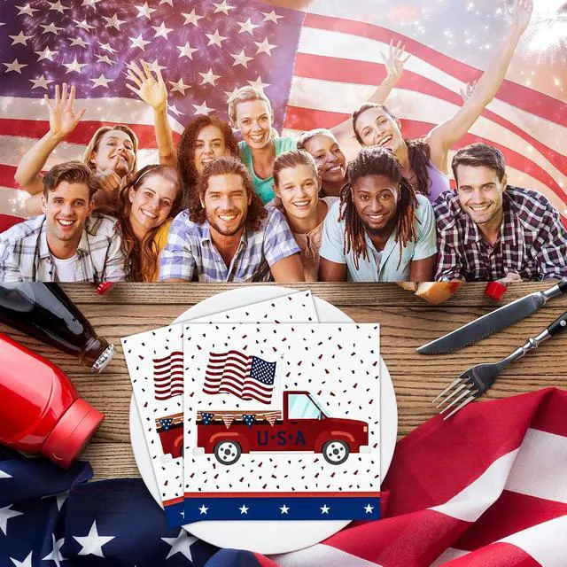 Alt view image 6 of 7 - 4th of July Napkins, Patriotic Party Napkins Disposable American Flag Memorial Day Napkins Patriotic Truck Paper Cocktail Napkins Independence Day Party Decorations Holiday, 50 Pack, 3 Ply