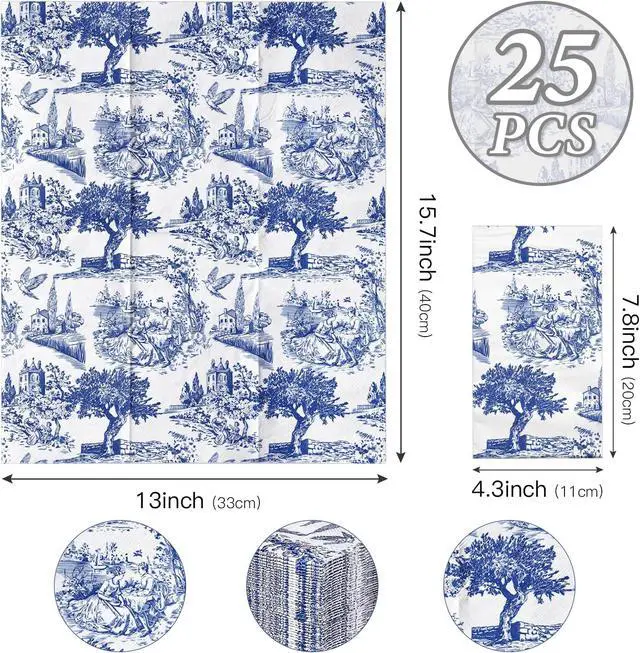 Alt view image 2 of 7 - 25 Pcs Blue Toile Decorative Paper Hand Towels, Vintage Countryside Disposable Guest Napkins for Bathroom, 3 Ply 4.3" x 7.5" Folded Seasonal Dinner Decorative for Wedding, Tea Party, Holiday