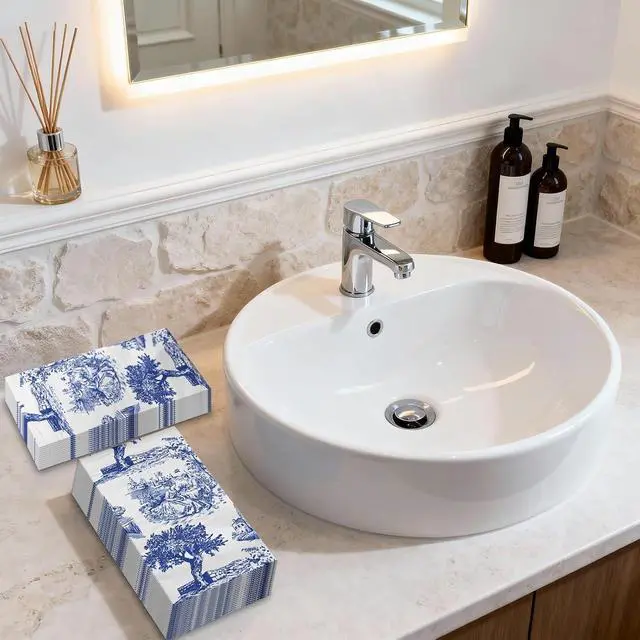 Alt view image 3 of 7 - 25 Pcs Blue Toile Decorative Paper Hand Towels, Vintage Countryside Disposable Guest Napkins for Bathroom, 3 Ply 4.3" x 7.5" Folded Seasonal Dinner Decorative for Wedding, Tea Party, Holiday