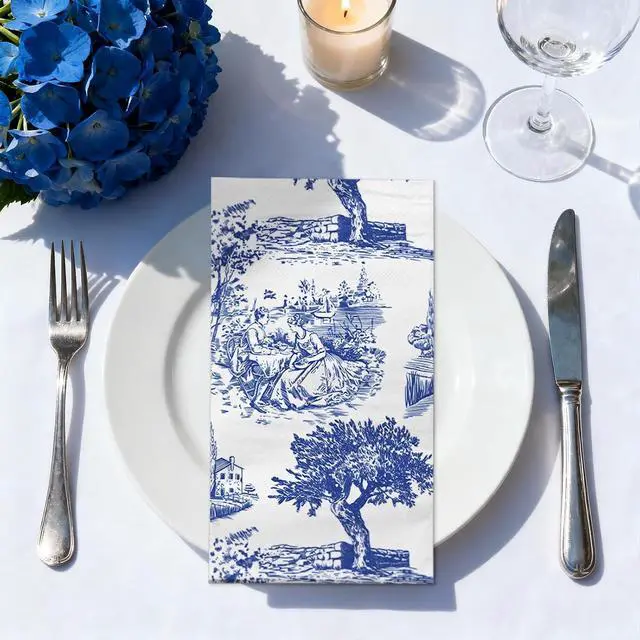 Alt view image 4 of 7 - 25 Pcs Blue Toile Decorative Paper Hand Towels, Vintage Countryside Disposable Guest Napkins for Bathroom, 3 Ply 4.3" x 7.5" Folded Seasonal Dinner Decorative for Wedding, Tea Party, Holiday