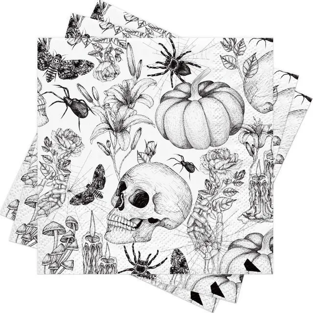 Main image of 50 Pcs Halloween Napkin Paper, 3 Ply Vintage Gothic Skull & Pumpkin Design Black and White Disposable Paper Napkins for Spooky Party, Dinner, Gothic Decor, Holiday Table Supplies, 5 x 5 Inch