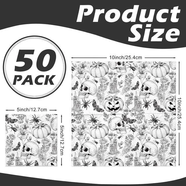 Alt view image 2 of 7 - 50 Pcs Halloween Napkin Paper, 3 Ply Vintage Gothic Skull & Pumpkin Design Black and White Disposable Paper Napkins for Spooky Party, Dinner, Gothic Decor, Holiday Table Supplies, 5 x 5 Inch