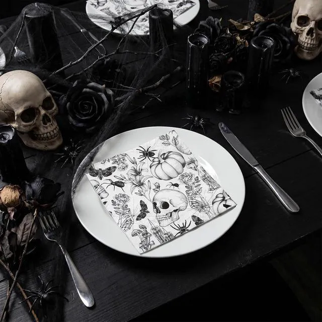 Alt view image 3 of 7 - 50 Pcs Halloween Napkin Paper, 3 Ply Vintage Gothic Skull & Pumpkin Design Black and White Disposable Paper Napkins for Spooky Party, Dinner, Gothic Decor, Holiday Table Supplies, 5 x 5 Inch