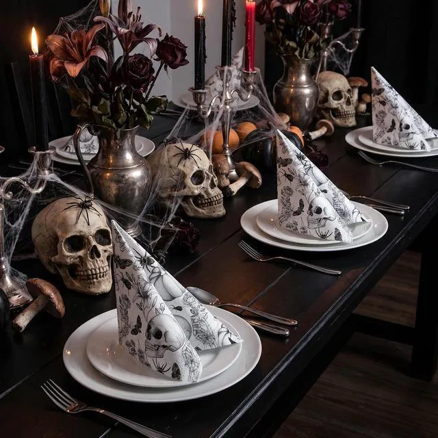 Alt view image 4 of 7 - 50 Pcs Halloween Napkin Paper, 3 Ply Vintage Gothic Skull & Pumpkin Design Black and White Disposable Paper Napkins for Spooky Party, Dinner, Gothic Decor, Holiday Table Supplies, 5 x 5 Inch