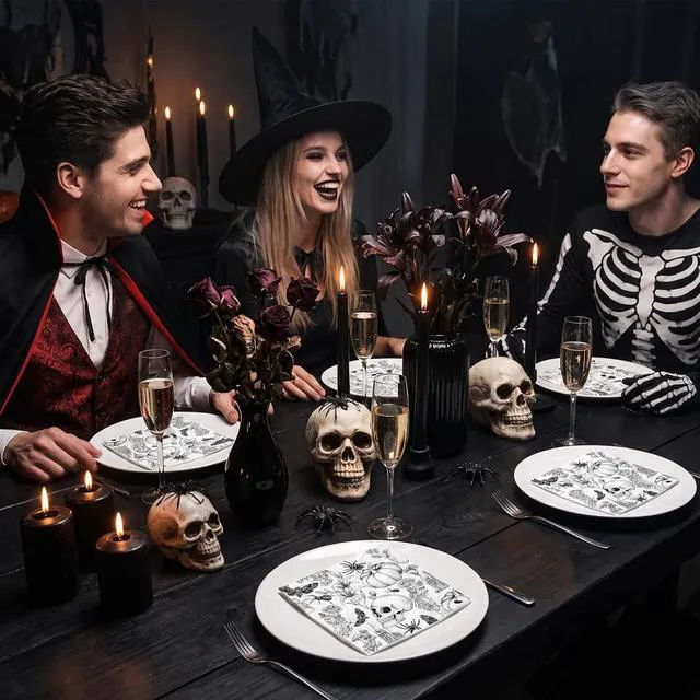 Alt view image 5 of 7 - 50 Pcs Halloween Napkin Paper, 3 Ply Vintage Gothic Skull & Pumpkin Design Black and White Disposable Paper Napkins for Spooky Party, Dinner, Gothic Decor, Holiday Table Supplies, 5 x 5 Inch