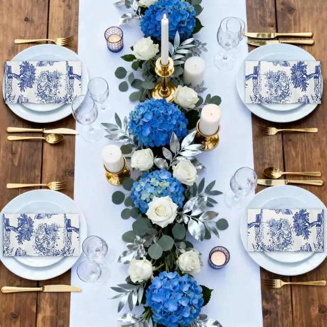 Alt view image 6 of 7 - 25 Pcs Blue Toile Decorative Paper Hand Towels, Vintage Countryside Disposable Guest Napkins for Bathroom, 3 Ply 4.3" x 7.5" Folded Seasonal Dinner Decorative for Wedding, Tea Party, Holiday
