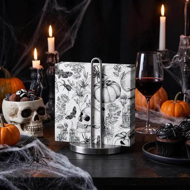 Alt view image 7 of 7 - 50 Pcs Halloween Napkin Paper, 3 Ply Vintage Gothic Skull & Pumpkin Design Black and White Disposable Paper Napkins for Spooky Party, Dinner, Gothic Decor, Holiday Table Supplies, 5 x 5 Inch