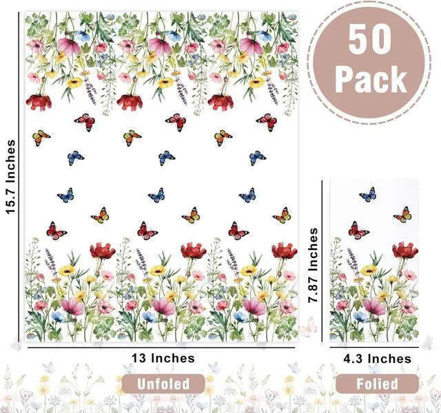 Alt view image 2 of 7 - 50 Spring Floral Napkins Wild Flower Bathroom Napkins Guest Disposable Decorative Disposable Napkins for Bathroom, Wedding, Baby Shower, Birthday, Wildflower Party Decor