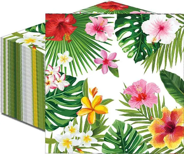 Main image of 50 Count Tropical Hibiscus Floral Greenery Paper Napkins, Disposable Luau Party Cocktail Napkins for Hawaiian Aloha Theme Birthday, Summer BBQ, Pool Beach, and Picnic Table Decorations