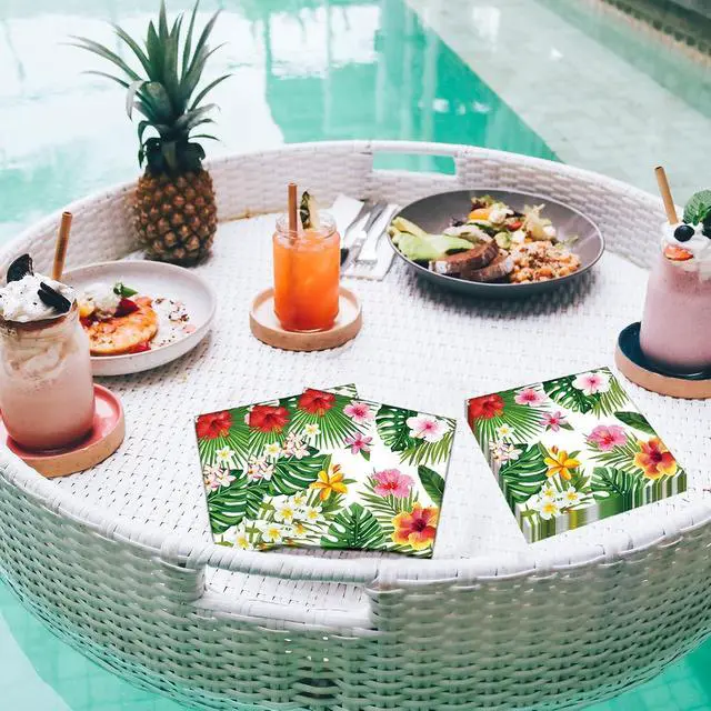 Alt view image 4 of 7 - 50 Count Tropical Hibiscus Floral Greenery Paper Napkins, Disposable Luau Party Cocktail Napkins for Hawaiian Aloha Theme Birthday, Summer BBQ, Pool Beach, and Picnic Table Decorations