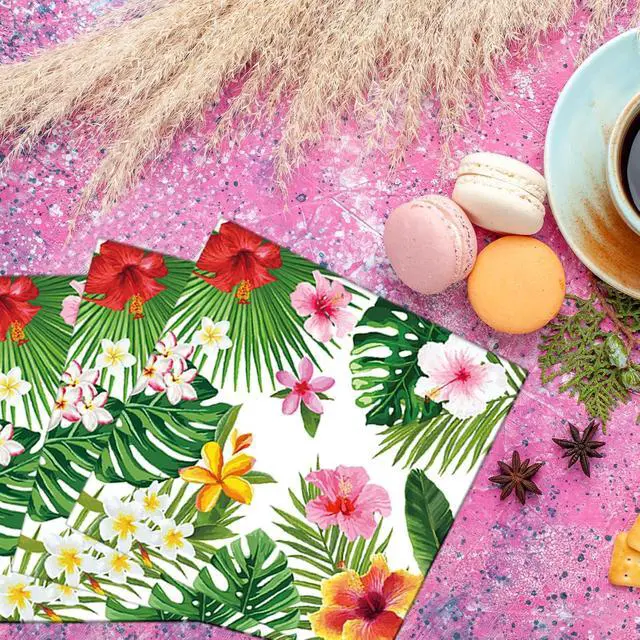 Alt view image 5 of 7 - 50 Count Tropical Hibiscus Floral Greenery Paper Napkins, Disposable Luau Party Cocktail Napkins for Hawaiian Aloha Theme Birthday, Summer BBQ, Pool Beach, and Picnic Table Decorations