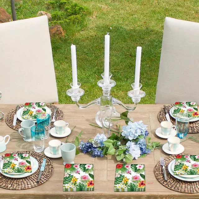Alt view image 6 of 7 - 50 Count Tropical Hibiscus Floral Greenery Paper Napkins, Disposable Luau Party Cocktail Napkins for Hawaiian Aloha Theme Birthday, Summer BBQ, Pool Beach, and Picnic Table Decorations