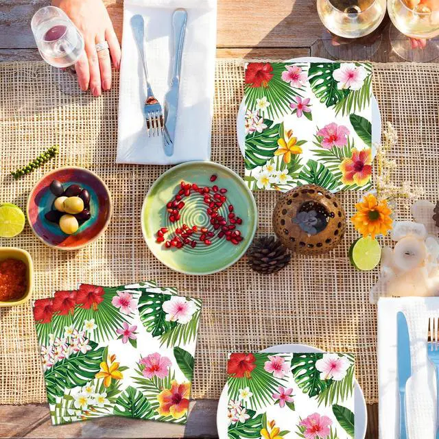 Alt view image 7 of 7 - 50 Count Tropical Hibiscus Floral Greenery Paper Napkins, Disposable Luau Party Cocktail Napkins for Hawaiian Aloha Theme Birthday, Summer BBQ, Pool Beach, and Picnic Table Decorations