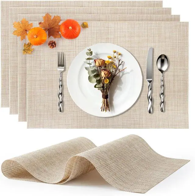 Main image of Placemats Set of 4 - Heat Resistant Place Mats for Dining Table, Washable Vinyl Non-Slip Table Mats for Kitchen and Dining Mother's Day Engagement Wedding Party Thanksgiving(Beige