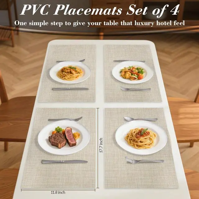 Alt view image 2 of 7 - Placemats Set of 4 - Heat Resistant Place Mats for Dining Table, Washable Vinyl Non-Slip Table Mats for Kitchen and Dining Mother's Day Engagement Wedding Party Thanksgiving(Beige