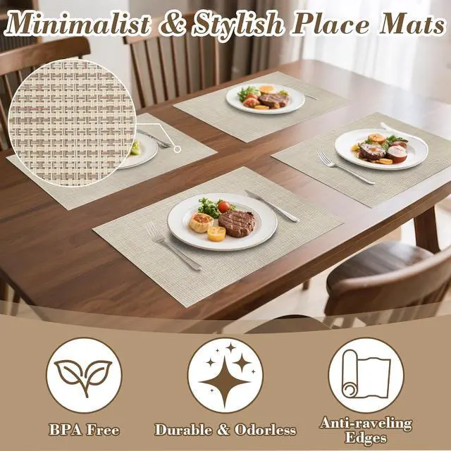 Alt view image 4 of 7 - Placemats Set of 4 - Heat Resistant Place Mats for Dining Table, Washable Vinyl Non-Slip Table Mats for Kitchen and Dining Mother's Day Engagement Wedding Party Thanksgiving(Beige