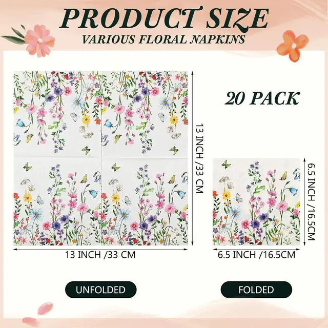 Alt view image 3 of 7 - 20 Pack Assorted Floral Napkins for Decoupage Wildflower Decorative Paper Napkins for Decoupage, Floral Cocktail Napkin 6.5'' for DIY Wedding Birthday Gift Party Baby Shower, 20 Styles