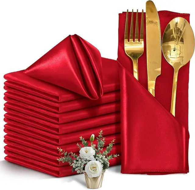Main image of 12 Pieces Red Satin Napkins, 17" x 17" Square Table Napkins, Silky Soft Smooth Washable Napkins for Restaurant, Weddings, Dinner, Party Decoration