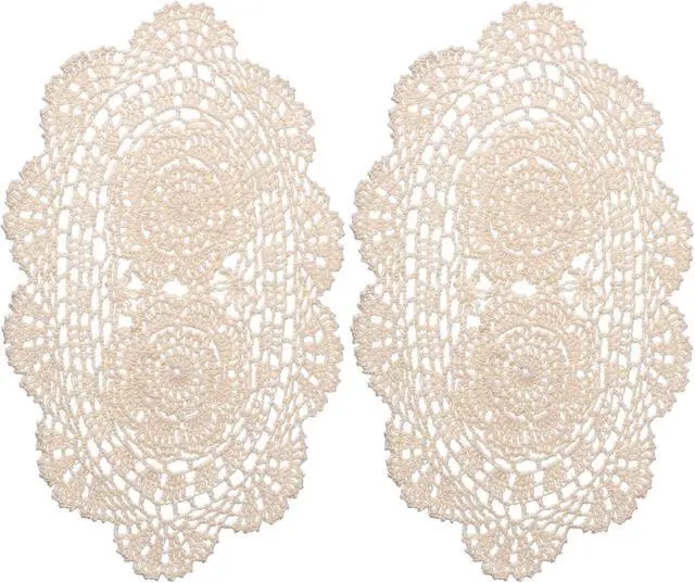 Main image of 2PCS Lace Crochet Doilies for Tables, Handmade Table Doilies Knitted Coasters Vintage Round Placemats Floral Tablecloth for Kitchen Dining Room Wedding Decoration Beige
