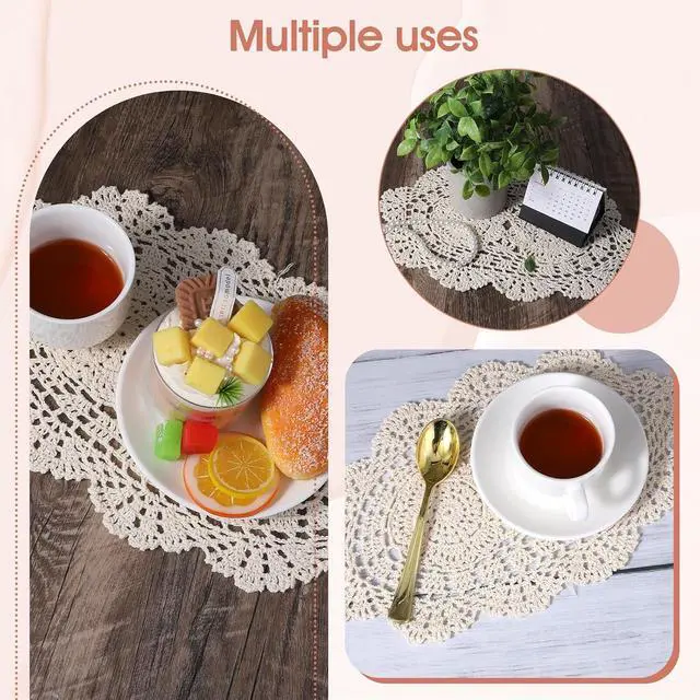 Alt view image 4 of 7 - 2PCS Lace Crochet Doilies for Tables, Handmade Table Doilies Knitted Coasters Vintage Round Placemats Floral Tablecloth for Kitchen Dining Room Wedding Decoration Beige
