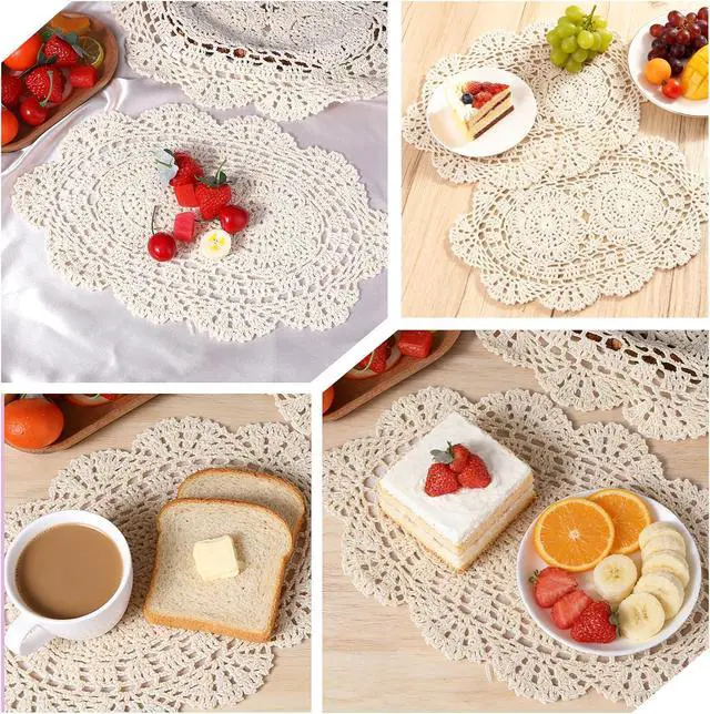 Alt view image 5 of 7 - 2PCS Lace Crochet Doilies for Tables, Handmade Table Doilies Knitted Coasters Vintage Round Placemats Floral Tablecloth for Kitchen Dining Room Wedding Decoration Beige