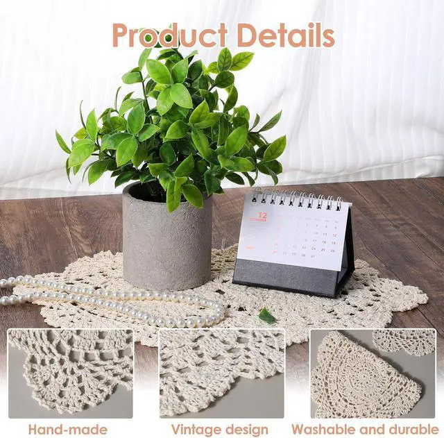 Alt view image 6 of 7 - 2PCS Lace Crochet Doilies for Tables, Handmade Table Doilies Knitted Coasters Vintage Round Placemats Floral Tablecloth for Kitchen Dining Room Wedding Decoration Beige
