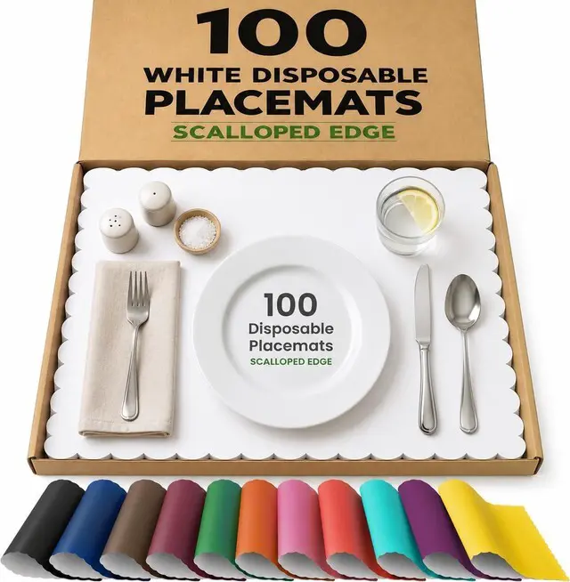 Main image of Disposable Paper Placemats, Scalloped Edge Table Mats, White, Pack of 100