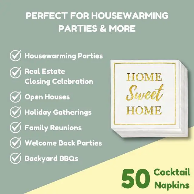 Alt view image 7 of 7 - Housewarming Party Decorations Napkins, 50 Pack, Home Sweet Home Paper Napkin in White and Gold Foil, New Home Gift Ideas, Open House Real Estate Agent Gifts to Clients