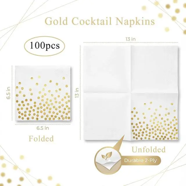 Alt view image 2 of 7 - 100 Gold Napkins,White and Gold Cocktail napkins,6.5 Inch