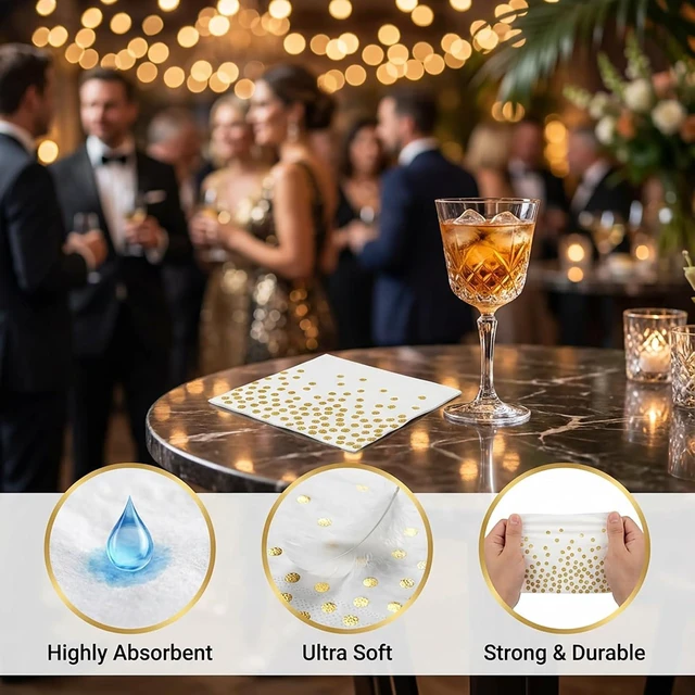 Alt view image 3 of 7 - 100 Gold Napkins,White and Gold Cocktail napkins,6.5 Inch