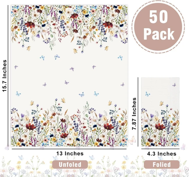Alt view image 2 of 7 - 50 Spring Floral Paper Napkins Vintage Flower Bathroom Napkins Guest Disposable Decorative Guest Napkins for Bathroom, Wedding, Baby Shower, Birthday, Wildflower Party Decor