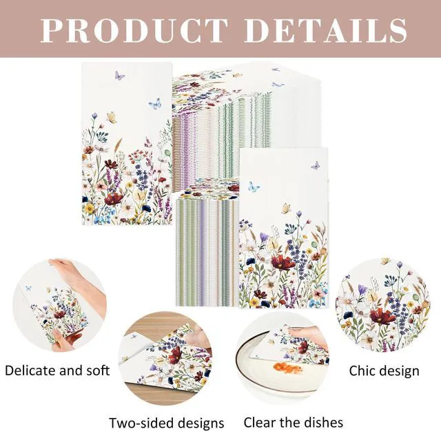 Alt view image 5 of 7 - 50 Spring Floral Paper Napkins Vintage Flower Bathroom Napkins Guest Disposable Decorative Guest Napkins for Bathroom, Wedding, Baby Shower, Birthday, Wildflower Party Decor
