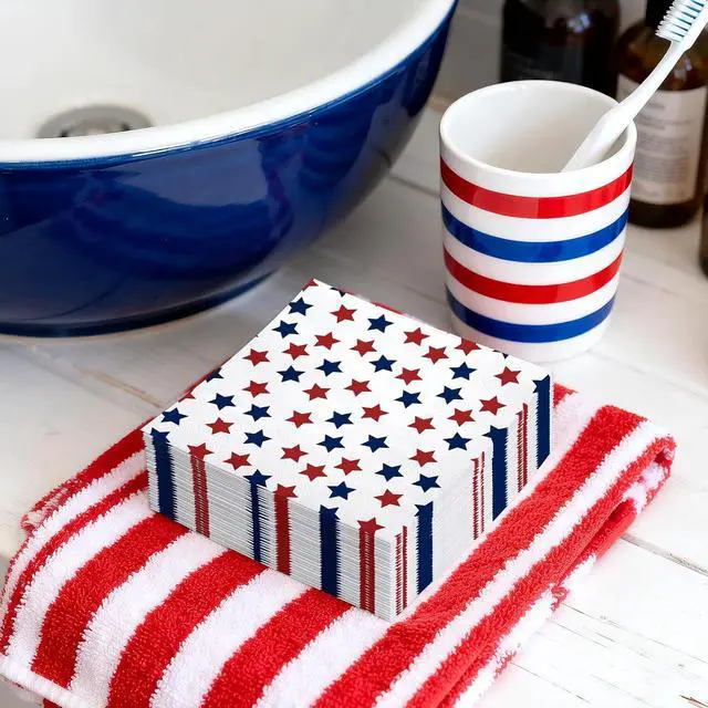 Alt view image 6 of 7 - 50Pcs 4th of July Star Paper Napkins - 3-Ply Red and Blue Star Disposable Luncheon Napkins for Independence Day, Summer Party and Memorial Day - 6.5 x 6.5 In