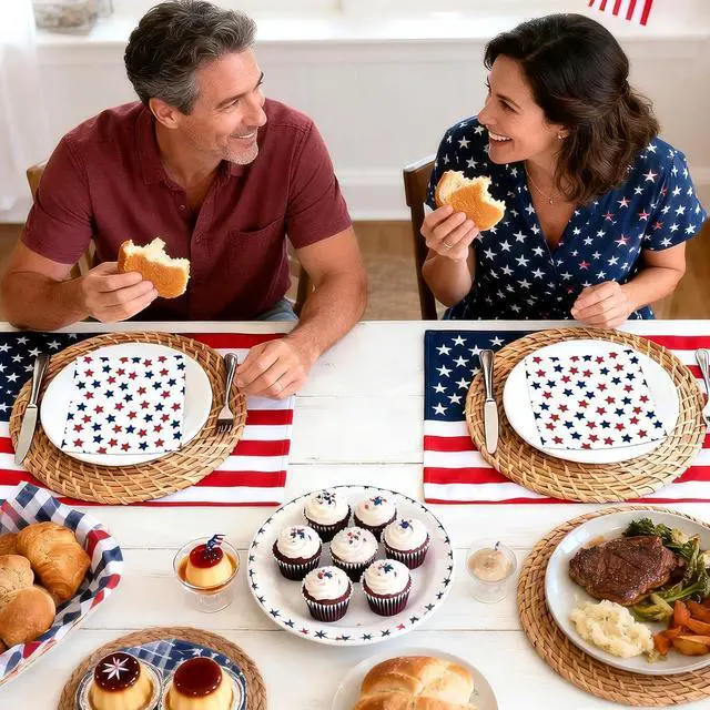 Alt view image 7 of 7 - 50Pcs 4th of July Star Paper Napkins - 3-Ply Red and Blue Star Disposable Luncheon Napkins for Independence Day, Summer Party and Memorial Day - 6.5 x 6.5 In