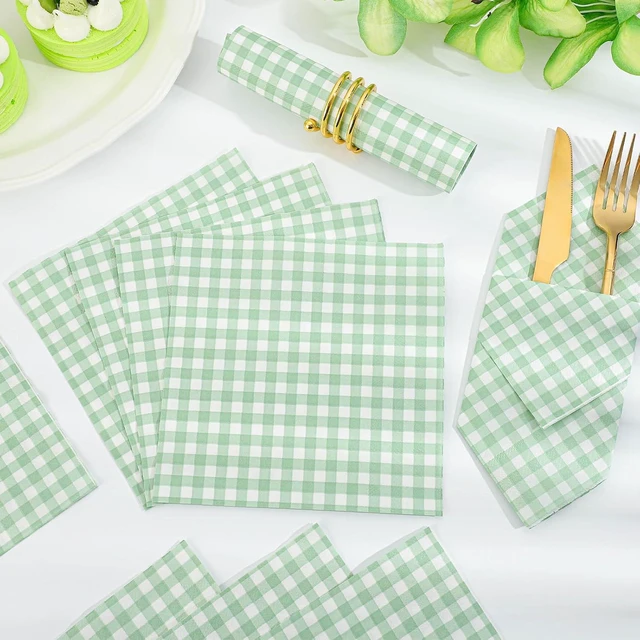 Alt view image 3 of 7 - 80 Pcs Gingham Napkins, 6.5X6.5 Inch Sage Green Napkins Green and White Plaid Paper Napkin for Picnic, Camping, Wedding, Baby & Bridal Shower