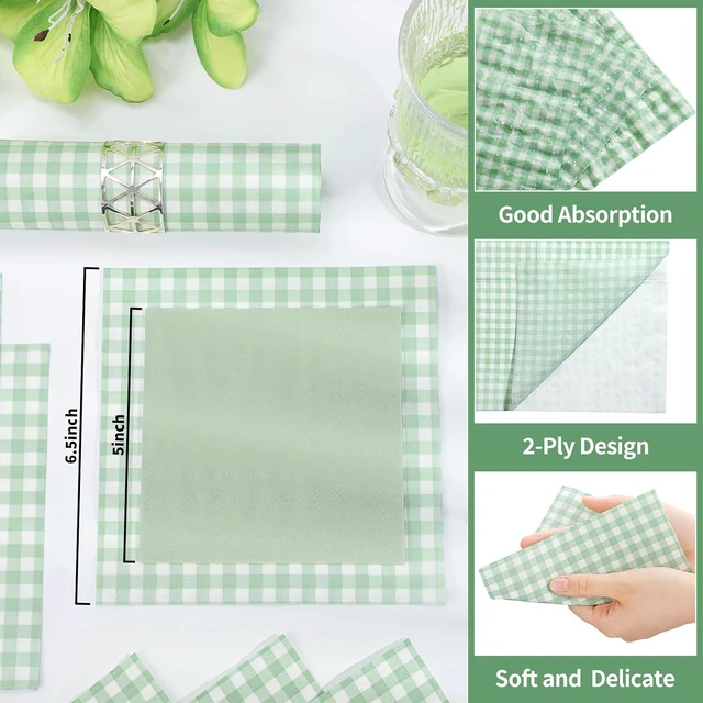 Alt view image 4 of 7 - 80 Pcs Gingham Napkins, 6.5X6.5 Inch Sage Green Napkins Green and White Plaid Paper Napkin for Picnic, Camping, Wedding, Baby & Bridal Shower