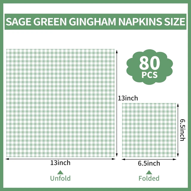 Alt view image 2 of 7 - 80 Pcs Gingham Napkins, 6.5X6.5 Inch Sage Green Napkins Green and White Plaid Paper Napkin for Picnic, Camping, Wedding, Baby & Bridal Shower
