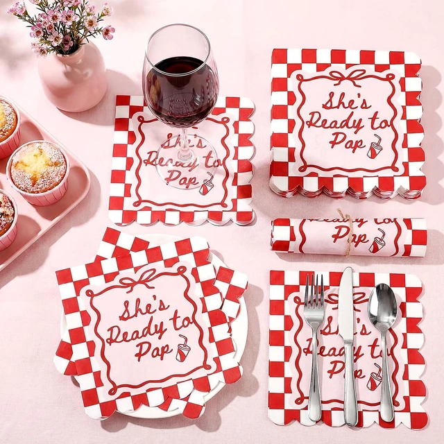 Alt view image 2 of 7 - 50 Pcs Baby Shower Napkin She's Ready to Pop 2-ply Scalloped Edged Dessert Napkins Folded 5 x 5 Inches Disposable Red Checkerboard Pattern Napkins for Gender Reveal Party Decorations