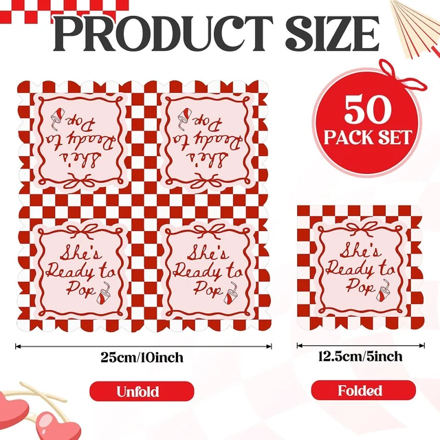 Alt view image 3 of 7 - 50 Pcs Baby Shower Napkin She's Ready to Pop 2-ply Scalloped Edged Dessert Napkins Folded 5 x 5 Inches Disposable Red Checkerboard Pattern Napkins for Gender Reveal Party Decorations