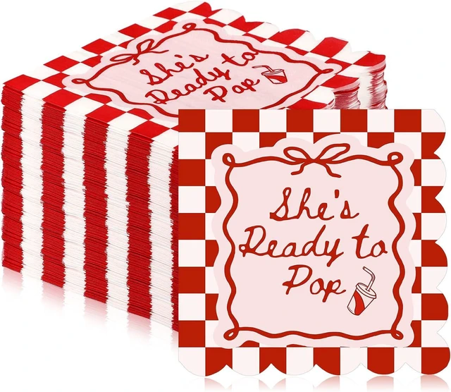 Main image of 50 Pcs Baby Shower Napkin She's Ready to Pop 2-ply Scalloped Edged Dessert Napkins Folded 5 x 5 Inches Disposable Red Checkerboard Pattern Napkins for Gender Reveal Party Decorations