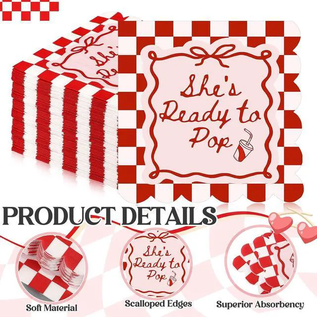 Alt view image 5 of 7 - 50 Pcs Baby Shower Napkin She's Ready to Pop 2-ply Scalloped Edged Dessert Napkins Folded 5 x 5 Inches Disposable Red Checkerboard Pattern Napkins for Gender Reveal Party Decorations